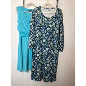 Lands' End LOT OF 2 Midi Dresses - Blue Sleeveless & Floral Shift Dress Bundle M
